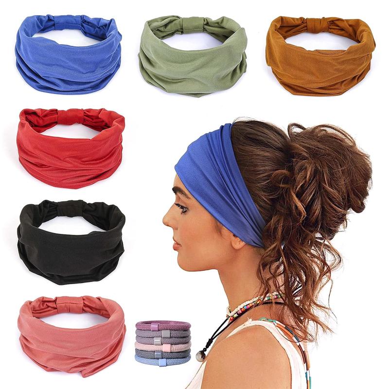 6 Pack Wide Headbands for Women Non Slip Soft Elastic Hair Bands Yoga Running Sports Workout Gym Head Wraps, Knotted Cotton Cloth Africa Turbans Bandana (with 6 Pcs Hair Ties)