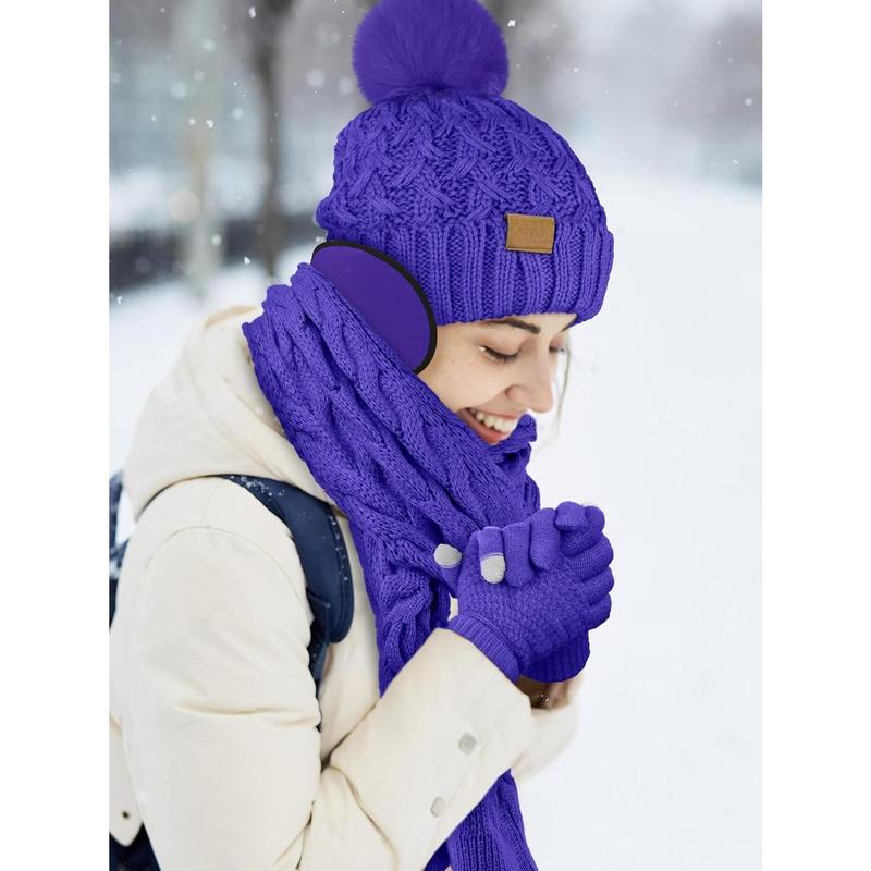 4 Packs Winter Warm Set Knitted Pompom Hat Scarf Touch Screen Gloves Ear Warmer 4 In 1 Set for Men or Women