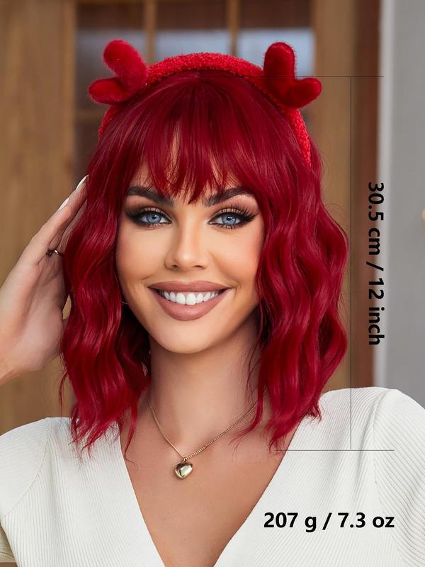 12 Inch Short Water Wavy Wig, Gorgeous Fluffy Wigs with Blunt Bangs, Glueless Wigs Ready To Wear, Natural Look Synthetic Full Machine Replacement Wigs for Party, Daily Use