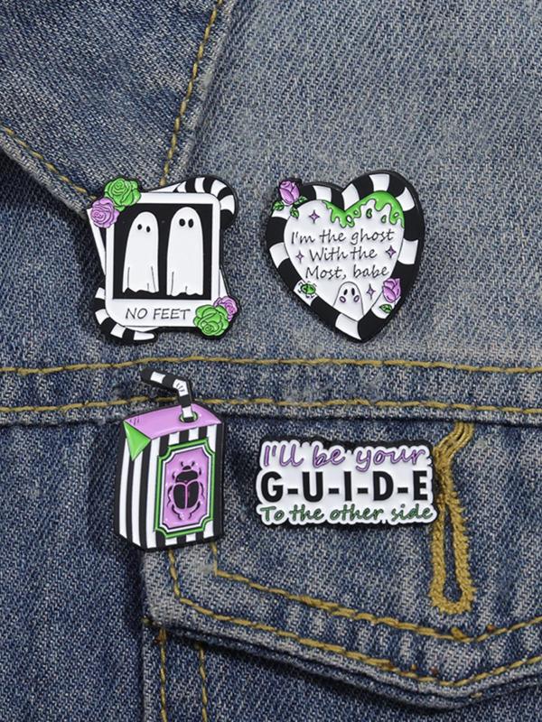 Cute Cartoon Ghost & Letters Print Heart Shaped Pins Brooch, Punk Creative Clothes Brooch, Fashion Brooch for Daily Clothing Decor, Trendy All-match & Exquisite Brooch for Birthday Gift