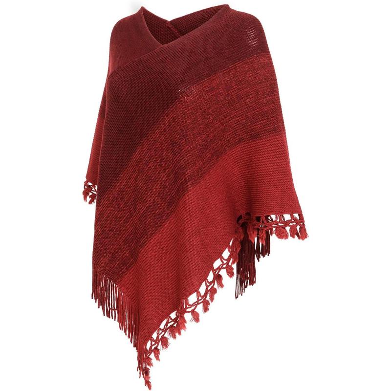 Women Striped Poncho with Tassels Knitted Shawl Scarf Fringed Wrap Sweater Pullover Cape Gifts for Women