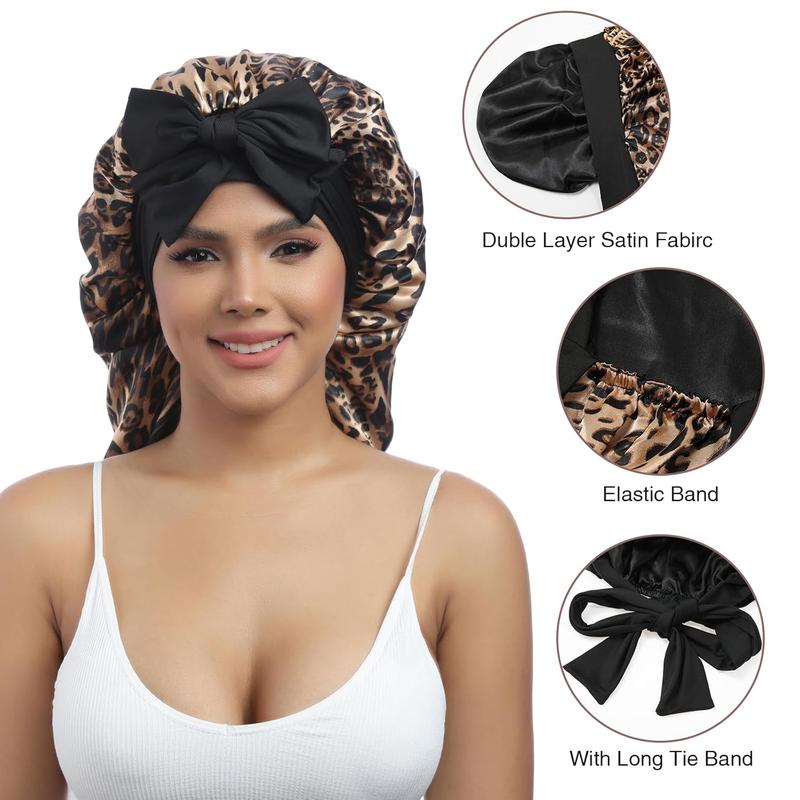 Long Satin Bonnet for Women - Double Layer Elastic Silk Bonnet for Braids Hair Sleeping Cap with Tie Band