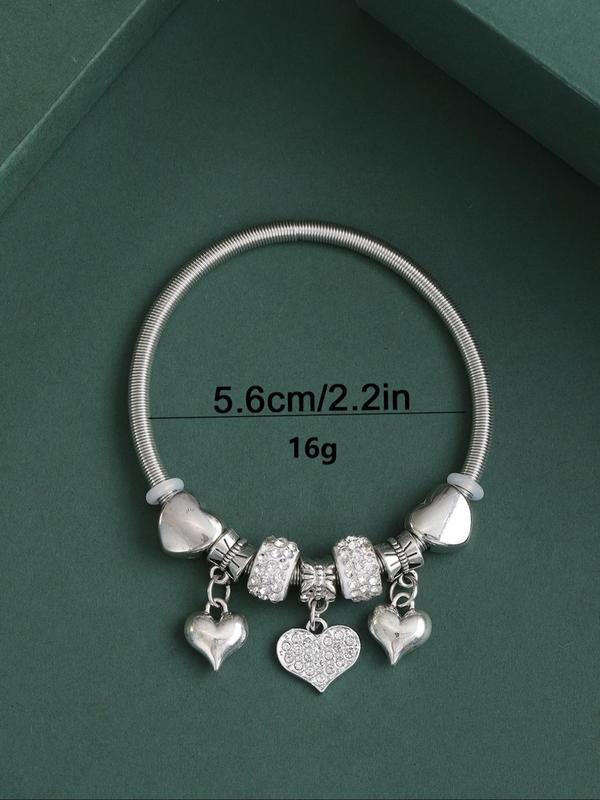 Women's Elegant Rhinestone Decorated Heart Charm Bracelet, Stainless Steel Trendy Cute Bracelet, Fashionable Jewelry for Women As Gift