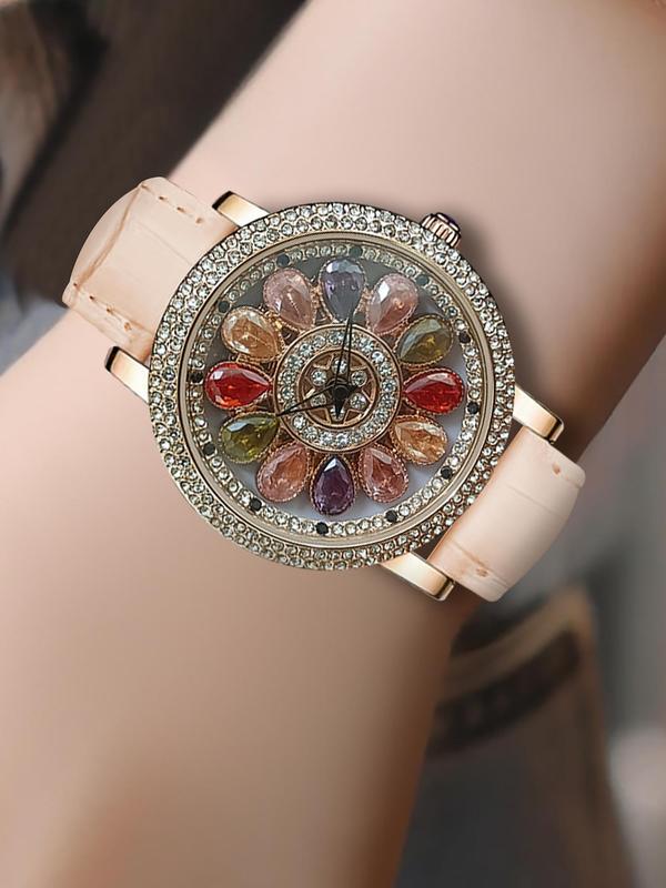 Women's Elegant Rhinestone Decorated Quartz Watch, Fashionable Round Dial Watch for Women & Girls, Trendy All-match & Exquisite Watch for Birthday Gift with Box