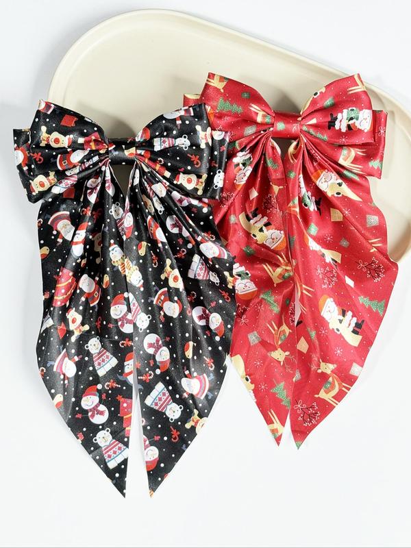 Christmas Themed Bow Decor Hair Clip Set, Cute Colorful Printed Fabric Hair Accessories for Women & Girls, Minimalist Headwear Suitable for Thick Hair