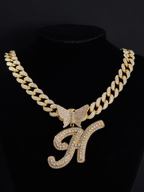 2024 Summer Rhinestone Decorated Initial Necklace for Men & Women, Letter Design Cuban Link Chain, 2024 Trendy Pendant Chunky Chain Necklace, Fashion Alloy Iced Out Jewelry for Party