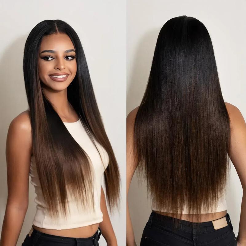 Taylen Same UNice Upgrade EasiContour V Part Wigs Human Hair Ombre Chestnut Brown Yaki Straight Glueless Wigs Human Beginner Friendly