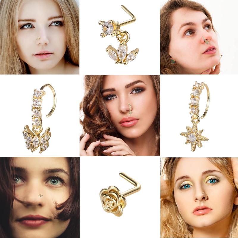 20Pcs 20G Dangle Nose Ring L Shaped Dangling Nose Stud for Women Stainless Steel CZ Flower Dangle Hoops Nose Piercing Jewelry