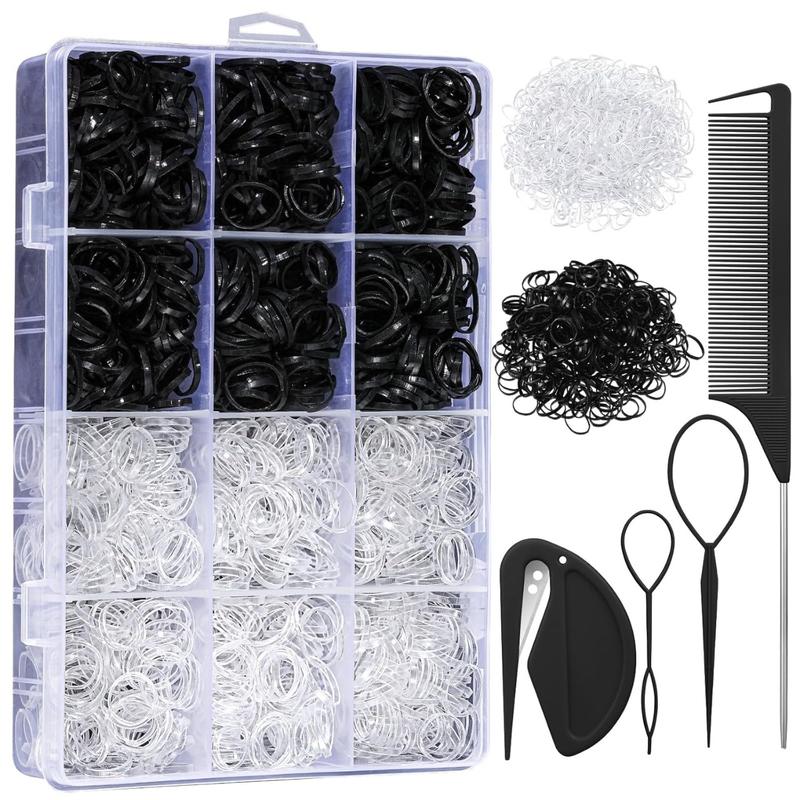 2200 Pack Elastic Hair Bands with Hair Loop Styling Tool Set, Clear Mini Hair Bands and Black Elastic Hair Ties with Rubber Band Cutter Organizer Box Hair Accessories forGirl Women