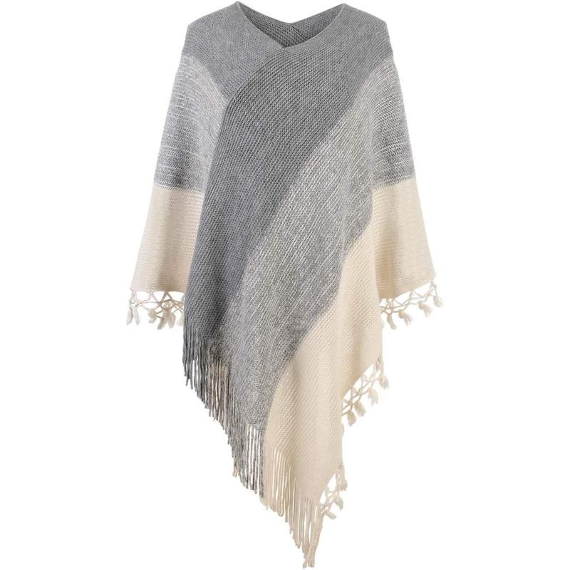 Women Striped Poncho with Tassels Knitted Shawl Scarf Fringed Wrap Sweater Pullover Cape Gifts for Women