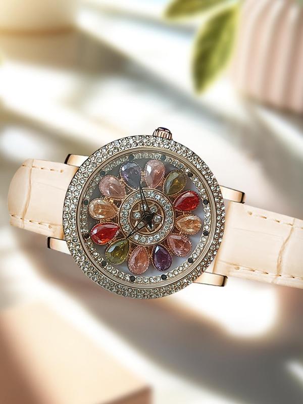 Women's Elegant Rhinestone Decorated Quartz Watch, Fashionable Round Dial Watch for Women & Girls, Trendy All-match & Exquisite Watch for Birthday Gift with Box