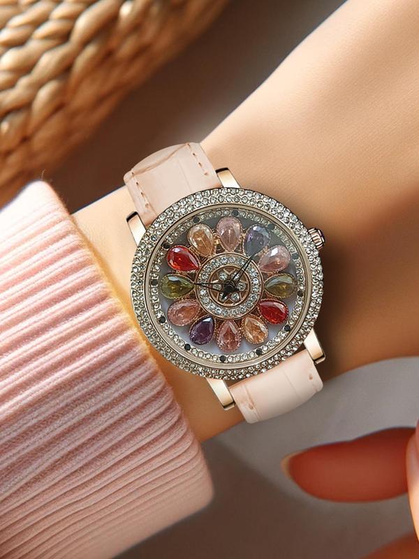 Women's Elegant Rhinestone Decorated Quartz Watch, Fashionable Round Dial Watch for Women & Girls, Trendy All-match & Exquisite Watch for Birthday Gift with Box