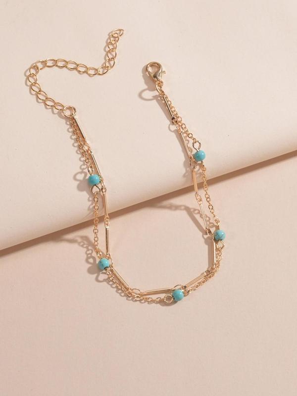 Boho Style Turquoise Texture Beaded Double Layer Anklet for Women & Girls, Fashion Jewelry for Beach Party, Daily Clothing Decor, Trendy All-match & Exquisite Jewelry for Birthday Gift