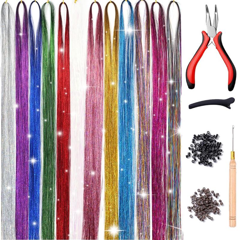 Hair Tinsel Kit With Tool 12 Colors 2400 Strands Tinsel Hair Extensions Fairy Hair Tinsel Heat Resistant, 47 Inches Shiny Sparkly Hair Tinsel Strands Glitter Hair Extensions for Women Girls