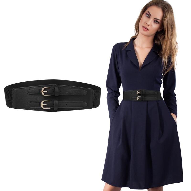 AWAYTR Double Buckle Women's Elastic Belt Ladies Stretchy Wide Belts for Dresses Leather Waist Belts