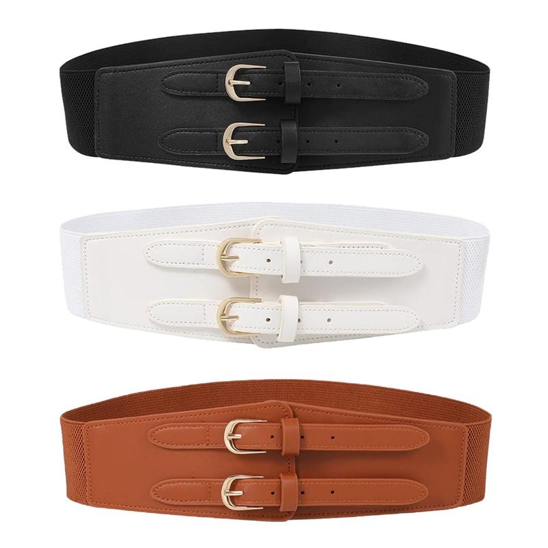 AWAYTR Double Buckle Women's Elastic Belt Ladies Stretchy Wide Belts for Dresses Leather Waist Belts