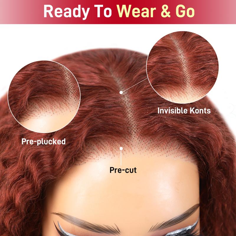 [Black Friday Deal] IPRO HAIR Wear and Go Glueless Wig #33 Reddish Brown Kinky Curly Lace Front Human Hair Wigs Pre Plucked Pre Cut 6x4 Transparent Lace Closure Wigs For Women Natural Hairline Beginner Friendly Wig