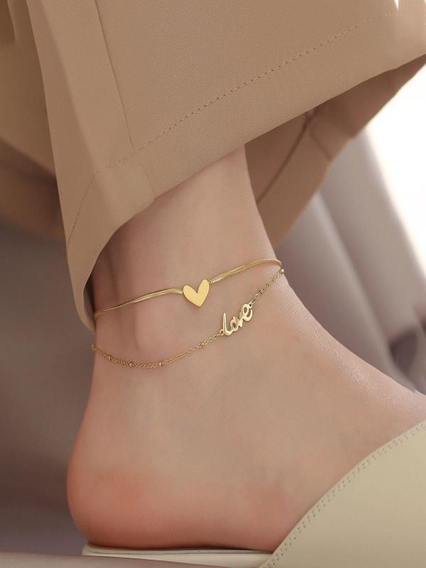 Women's Simple Letter & Heart Design Anklet for Gift, Fashionable Foot Jewelry for Women & Girls, Foot Jewelry for Daily Wear