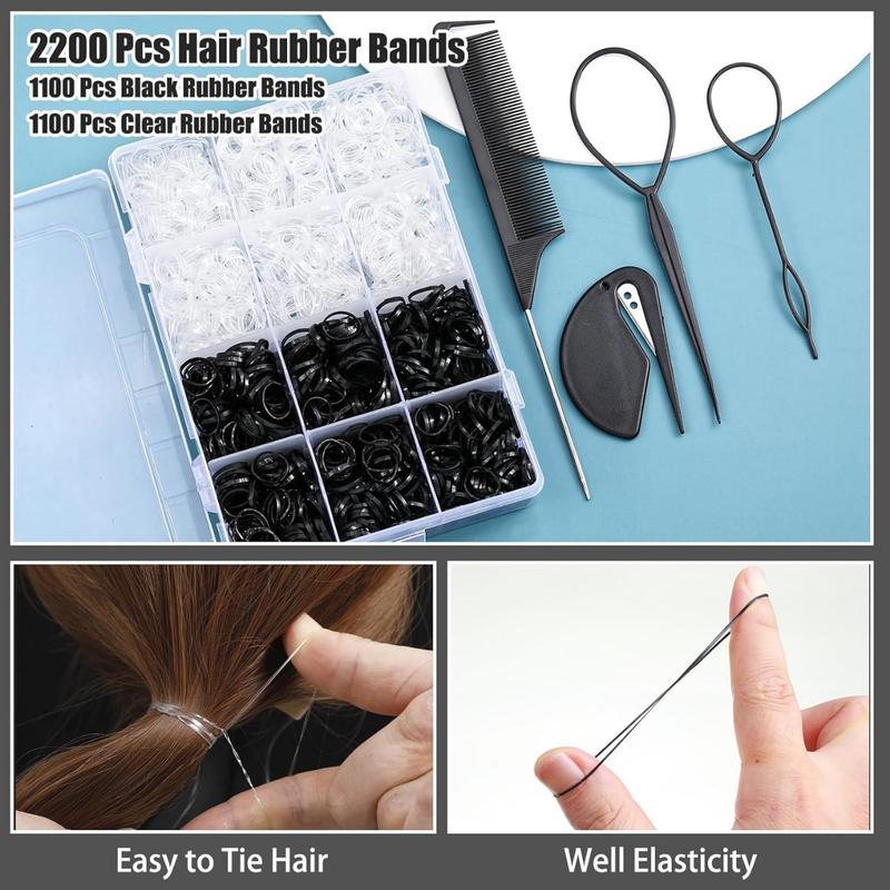 2200 Pack Elastic Hair Bands with Hair Loop Styling Tool Set, Clear Mini Hair Bands and Black Elastic Hair Ties with Rubber Band Cutter Organizer Box Hair Accessories forGirl Women