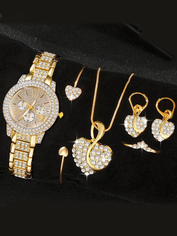 Women's Elegant Rhinestone Decor Watch & Jewelry Set, Round Dial Watch & Heart Design Dangle Earrings & Pendant Necklace & Ring & Bangle, Fashion Watch Set  without Box