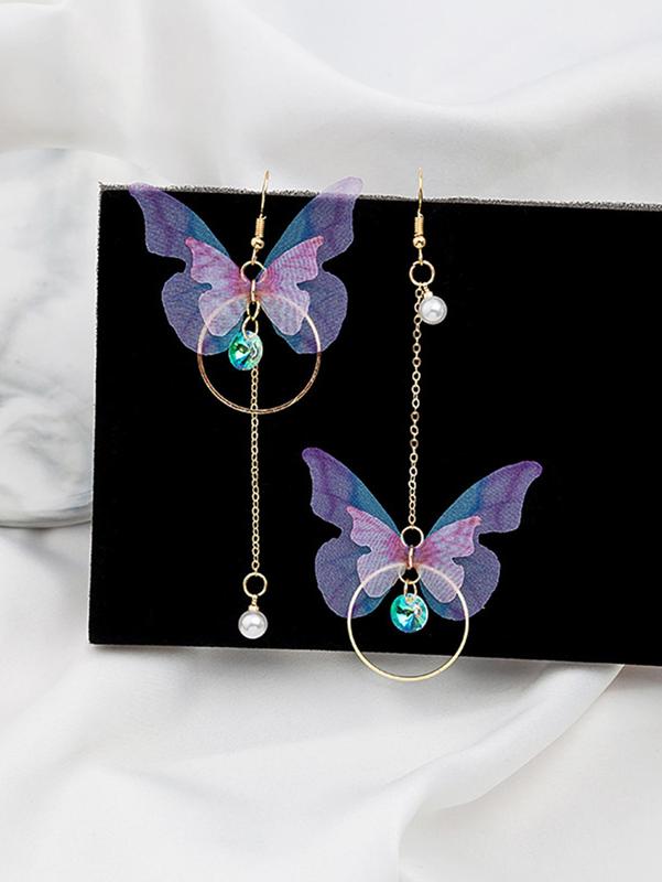 1 Pair Elegant Fashion Colorful Butterfly Alloy Dangle Earrings, Faux Pearl Rhinestone Decoration Women's Casual Accessories