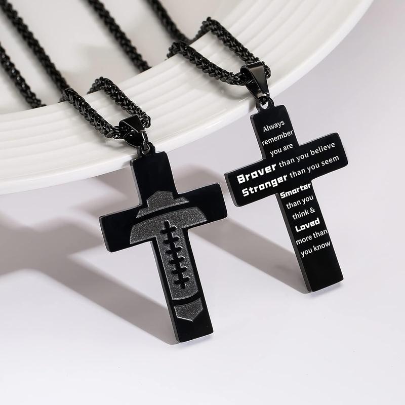 Football Cross Necklace for Boys Men Stainless Steel Bible Verse Pendant with 20+2 Inch Chain First Communion Baptism Religious Sports Jewelry Gift