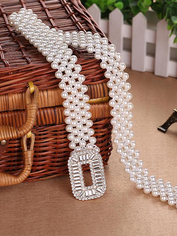 Women's Elegant Faux Pearl Decor Belt,  Trendy Exquisite Rhinestone Decor Elastic Belt Fashion Luxury Accessories for Party, Daily Clothing Decor