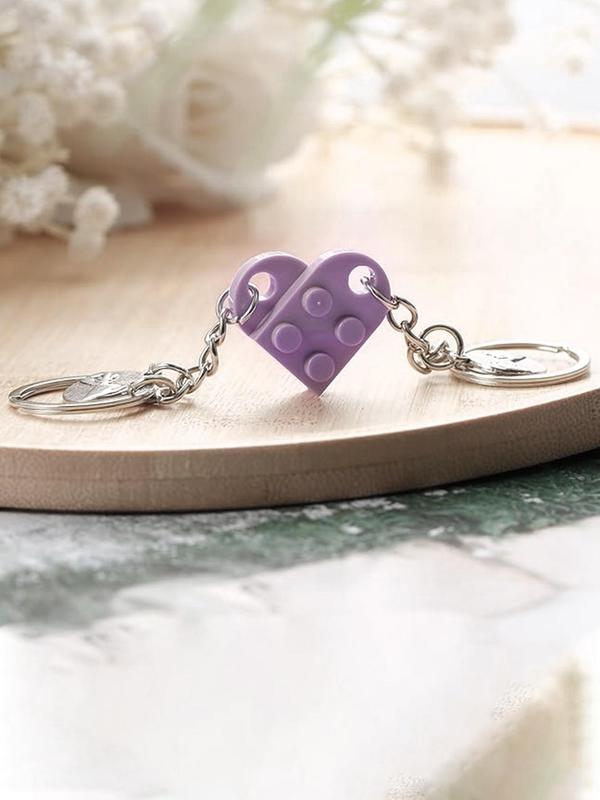 Unisex Cute Heart Shaped Keychain, 2pcs set Building Block Design Keychain for Couples & Friendship, Fashion Kawaii Accessories for Car Keys & Bag Charm