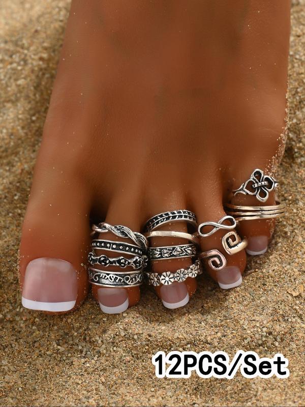 Boho Style Hollow Out & Flowers & Braid & Geometric Design Toe Rings, Summer Trendy All-match & Exquisite Jewelry for Party, Daily Clothing Decor