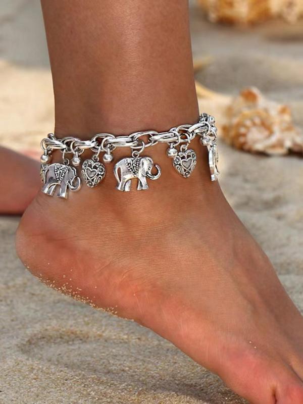 Women's Boho Style Elephant & Heart Design Anklet, Fashionable Retro Anklet for Women & Girls, Trendy All-match Vintage Body Jewelry As Gift for Summer Decor