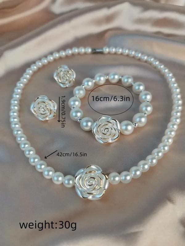 Women's Elegant Faux Pearl Decorated Flower Design Jewelry Set, Exquisite Trendy Beaded Bracelet & Earrings & Necklace, Chic Gorgeous Jewelry Set As Gift for Girlfriend