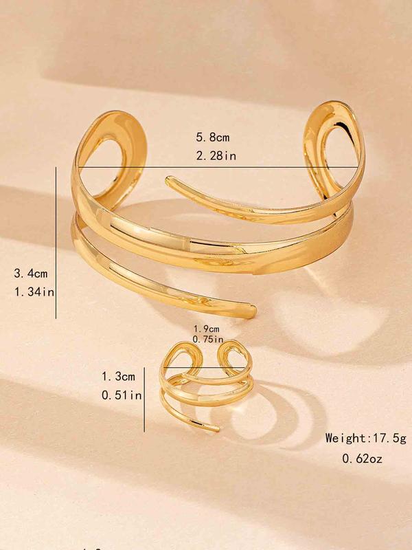 Women's Elegant  Geometric Line Design Cuff Bangle & Ring, Exquisite Trendy Ring & Bangle, Fashionable Jewelry Set for Women As Gift