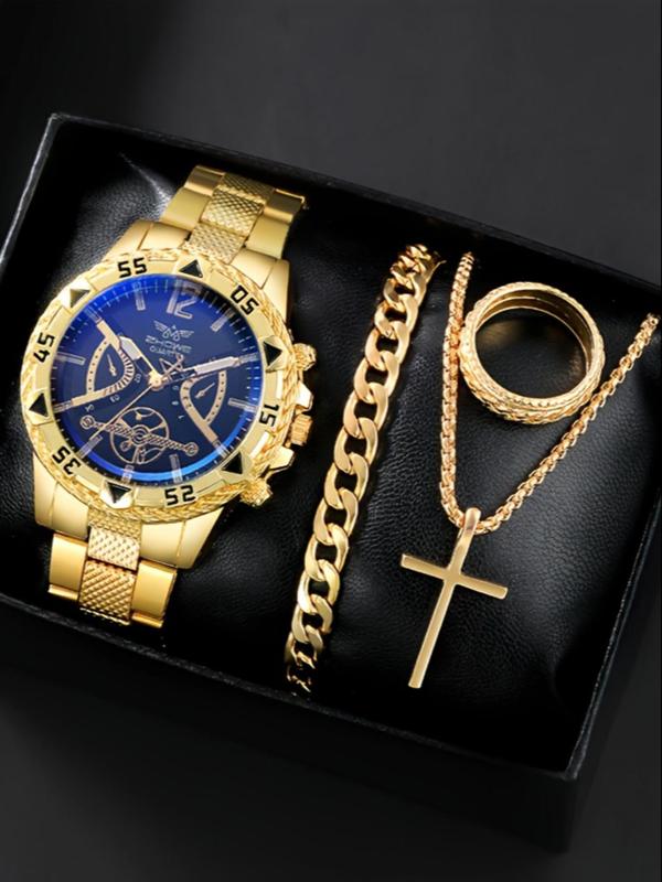 Men's Business Fashion Round Dial Analog Quartz Watch, and Bracelet & Cross Pendant Necklace & Ring, Fashion Watch Set for Party, Daily Decor, Exquisite Watch Set for Gift, without Box