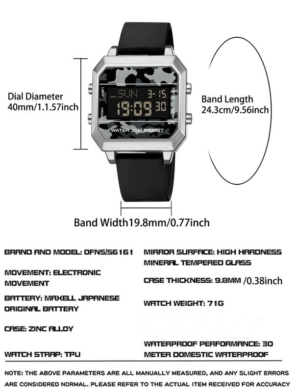 Men's Sportive Square Digital Watch, Fashionable Digital Watch with Luminous Dial & Waterproof Feature, Trendy Watch for Daily Use As Gift with Box