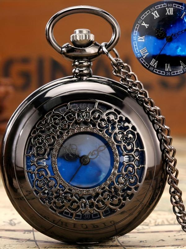 Men's Vintage Flower Carving Design Round Dial Quartz Pocket Watch, Fashion Watch for Party, Daily Clothing Decor, Trendy All-match & Exquisite Watch for Birthday Gift