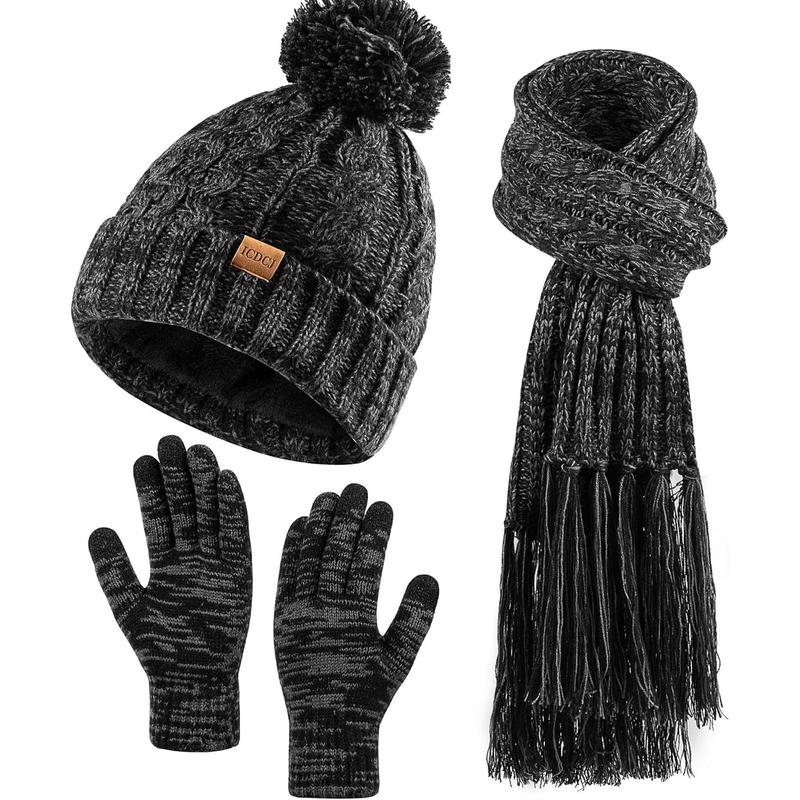 Women Winter Knit Warm Hat Beanie Scarf Gloves Set Pom Fleece Lined Hat with Long Knit Scarf, Neck Warmer Touchscreen Gloves winter hat