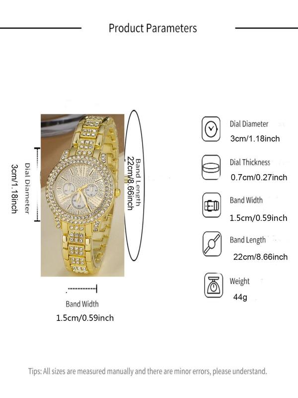 Women's Elegant Rhinestone Decor Watch & Jewelry Set, Round Dial Watch & Heart Design Dangle Earrings & Pendant Necklace & Ring & Bangle, Fashion Watch Set  without Box