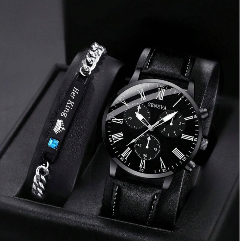 Men Watch 2pcs Set Men's Casual Black Quartz Watch And Bracelet Watch For Men Father's Day Gifts