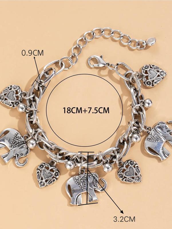 Women's Elephants & Hearts Design Charm Anklet, Fashionable Boho Style Animal Charm Decor Anklet, Casual Alloy Ankle Vintage Jewelry for Beach Essentials, Cool Female Accessories