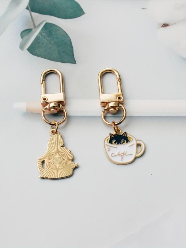 Cute Cat Design Keychain Set, Coffee Cup Cat Keychain, Alloy Pendant Bag Accessory Pendant, Creative Keychain, Backpack Pendant, Bag Charms