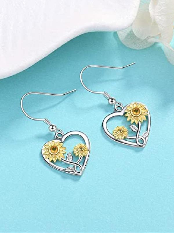 Fashion Heart Shaped Sunflower Design Dangle Earrings (1 Pair), Creative Alloy Jewelry for Women, Casual Jewelry for Party, Daily Clothing Decor, Trendy All-match & Exquisite Jewelry for Birthday Gift