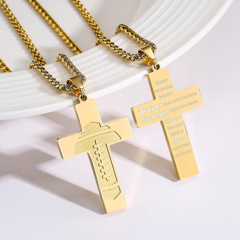 Football Cross Necklace for Boys Men Stainless Steel Bible Verse Pendant with 20+2 Inch Chain First Communion Baptism Religious Sports Jewelry Gift