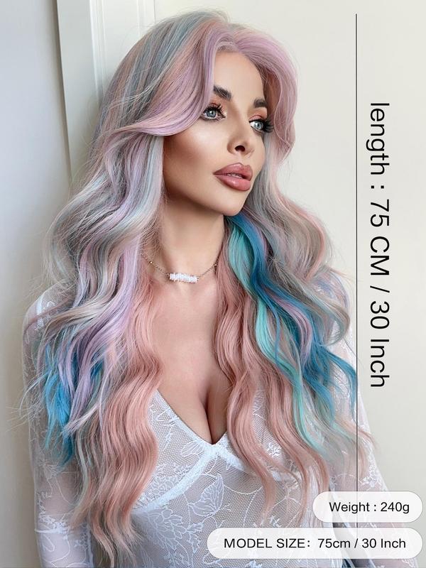 30 Inch Pink & Blue Mixed Color Wavy Lace Front Wigs for Women, Gorgeous Fluffy Wigs without Bangs, Synthetic Heat Resistant Fiber Wigs for Daily & Party