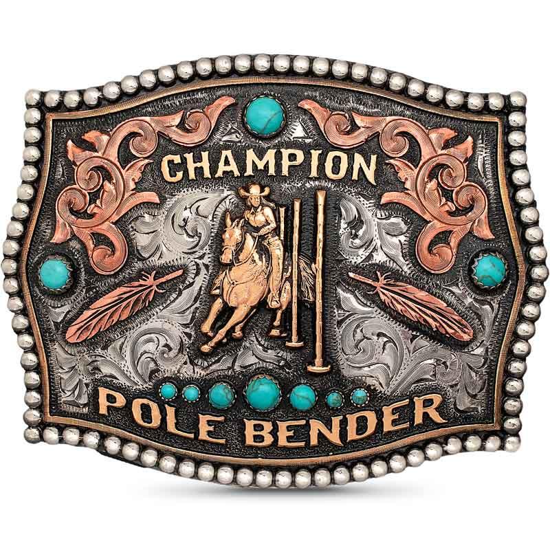 Pole Bending Champion Belt Buckle | German Silver Base, Bronze Copper Scrollwork, Turquoise Stones, Pole Bender Figure, Western Style