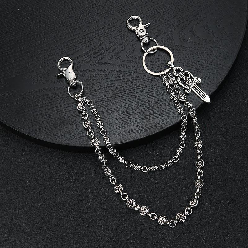 Hip hop trendy personalized stainless steel double-layer sword cross pants chain Hip hop cross retro domineering waist chain Personalized Retro