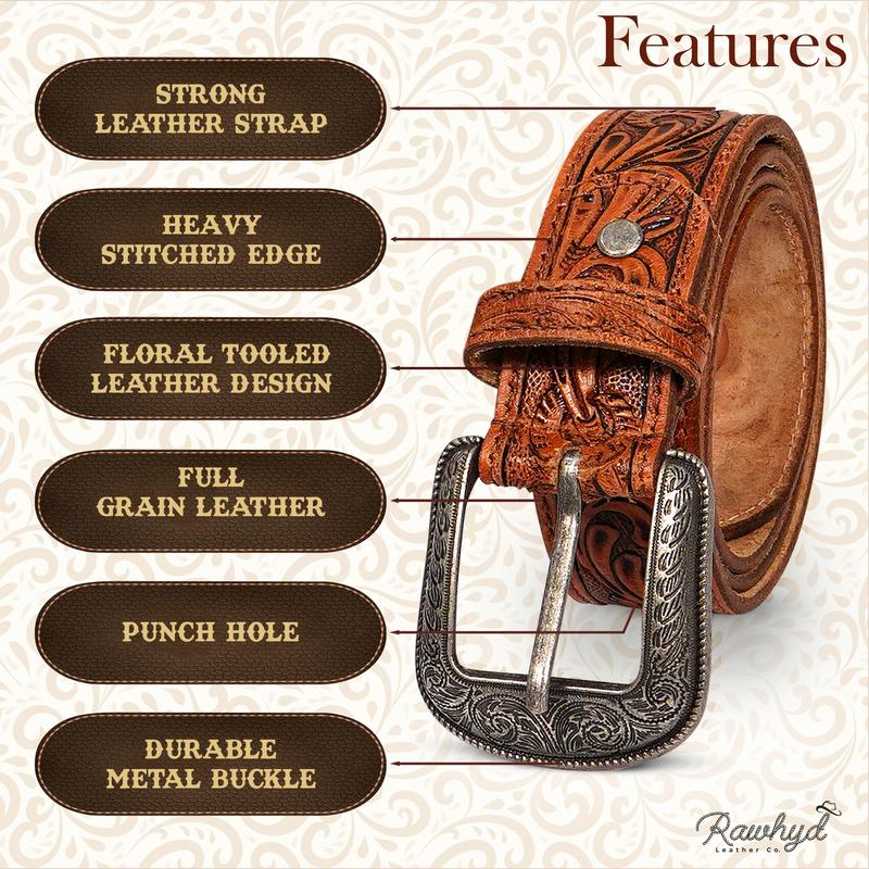 RAW HYD Leather Western Belts for Men - Cowboy Belts for Men - Mens Western Belt w Buckle - 1.5