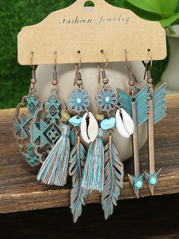 Boho Turquoise Texture Shell Tassel Hollow Arrow Feather Decor Dangle Earrings (3 Pairs), Vintage Trendy Dangle Earrings, Fashionable Jewelry for Women for Daily & Party Decoration Gifts