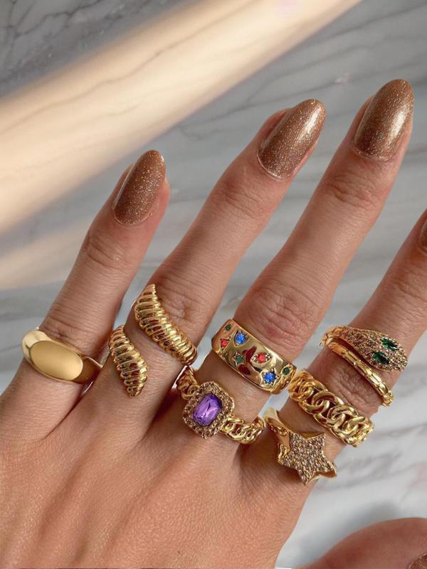 7pcs Rhinestone Decorated Snake Design Ring, Fashion Accessories for Women & Girls, Fashion Jewelry for Party, Daily Clothing Decor, Trendy All-match & Exquisite Jewelry for Birthday Gift