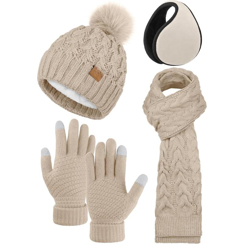 4 Packs Winter Warm Set Knitted Pompom Hat Scarf Touch Screen Gloves Ear Warmer 4 In 1 Set for Men or Women