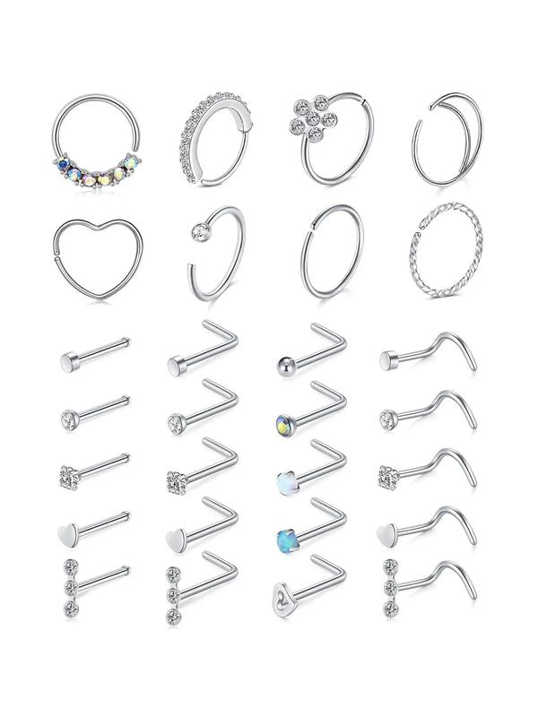 Rhinestone Decorated Nose Ring, Nose Piercing Kit, Stainless Steel L Shaped & Hoops Body Jewelry for Women & Men, Summer Fashion Accessories for Party, Club